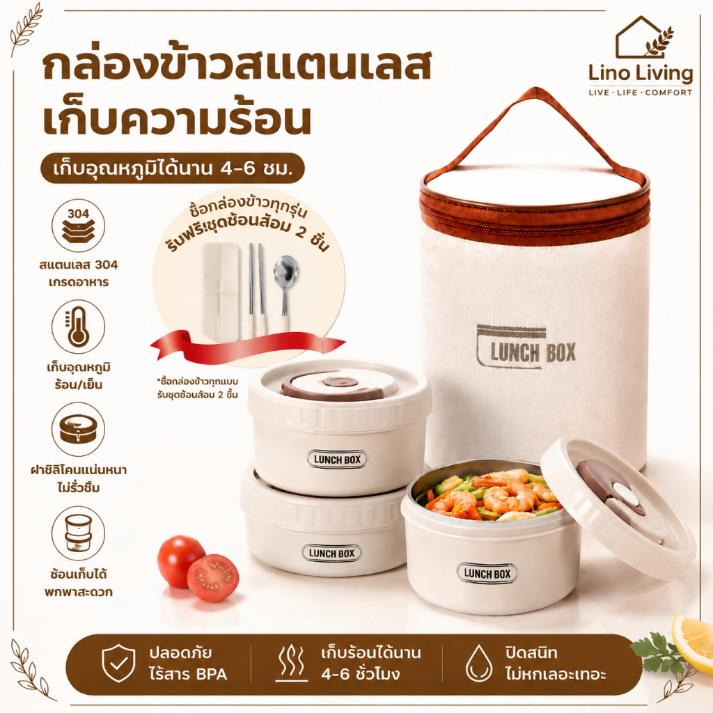 กล่องข้าว เก็บอุณหภูมิ 304 เหล็กกล้าไร้สนิม กล่องข้าวเข้าไมโครเวฟได้ มีตะเกียบและช้อนแถมให้ฟรีหนึ่งชุด