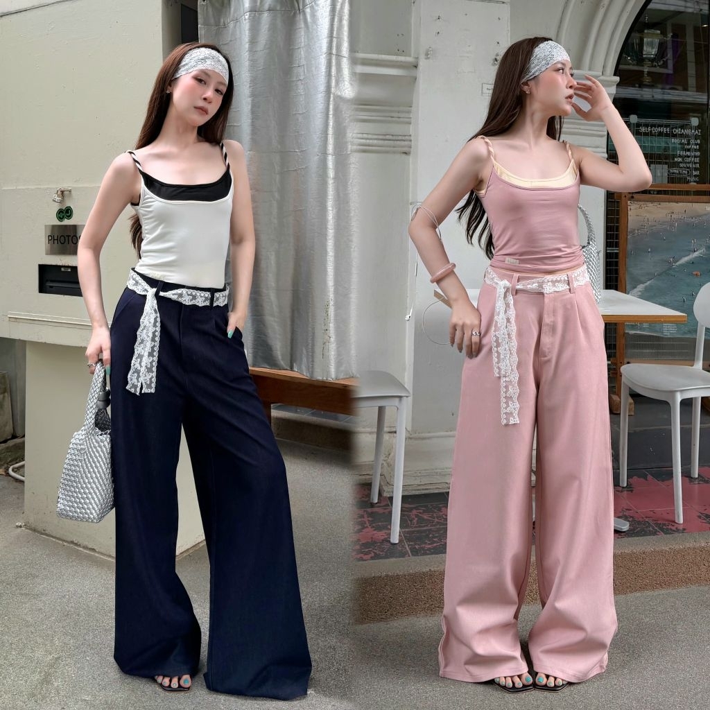 LUNA LACE PANTS กางเกงขากระบอกใหญ่ แต่งเข็มขัดลูกไม้