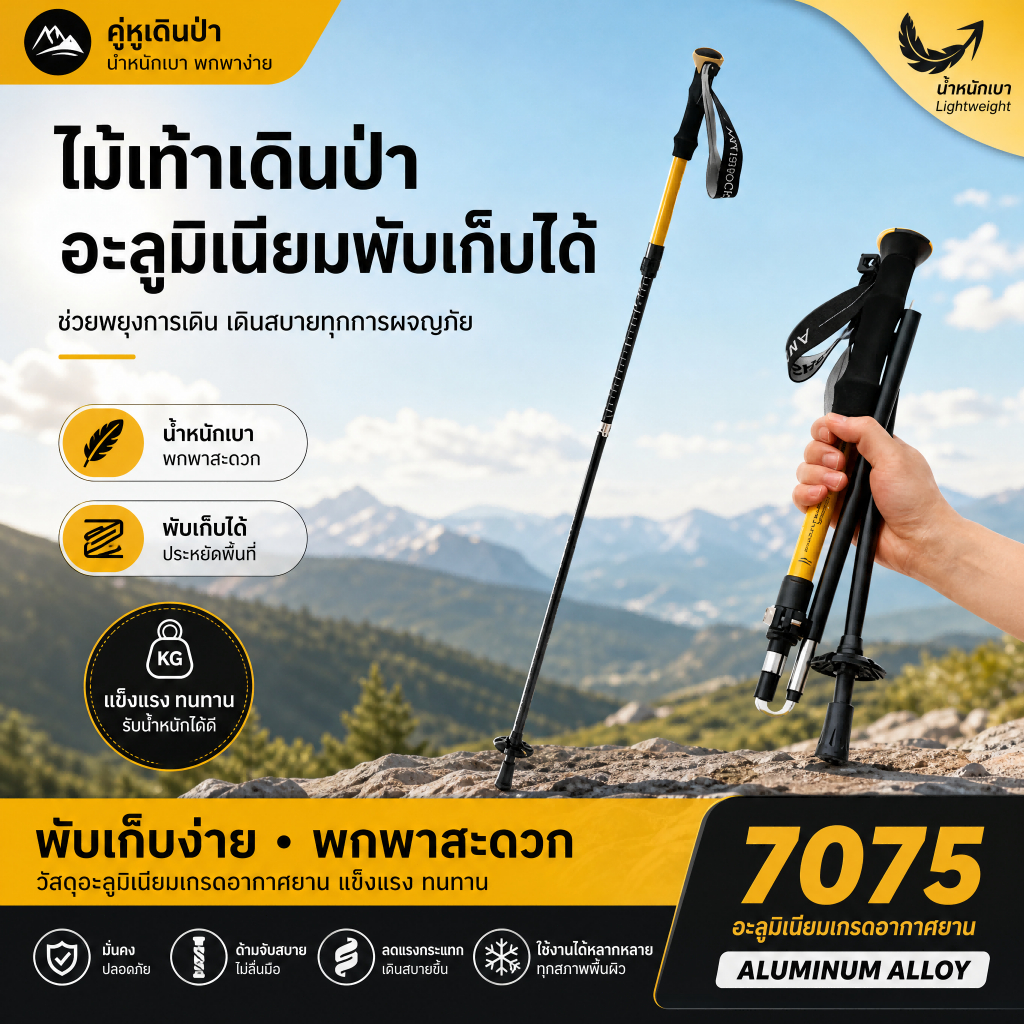 ไม้เท้าเดินป่า Trekking Pole อลูมิเนียม ยืดหดได้ น้ำหนักเบา พกพา สำหรับผู้หญิง เด็ก ปีนเขา Hiking