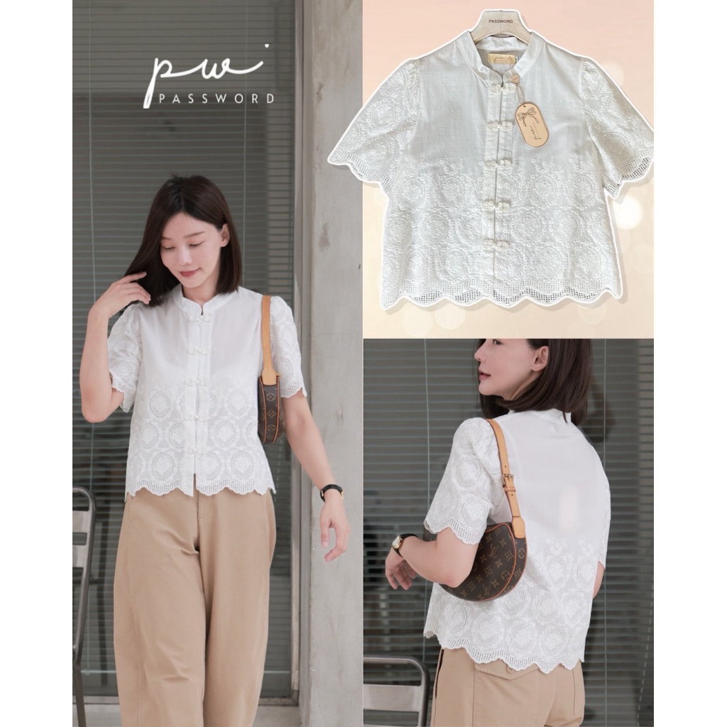 Password 6378 เสื้อกระดุมจีน ผ้าคอตตอนปักฉลุลายเชิงดอกไม้