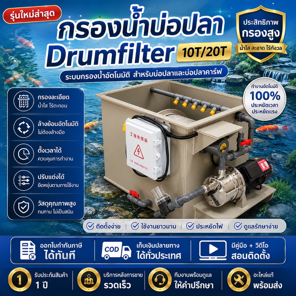 🏷️ มีครบทุกรุ่น! Drumfilter 10T ตั้งแต่รุ่นประหยัดไปจนถึงรุ่นท็อปสแตนเลส ฟังก์ชันครบ: กรองละเอียด กันUV ระบบล้างอัตโนมัต