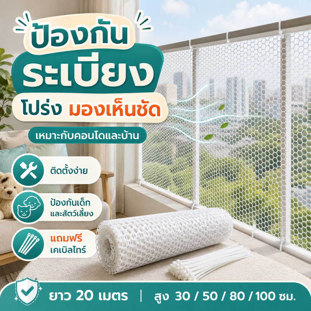 ตาข่ายพลาสติก PVC อเนกประสงค์ เหนียว ทนแดดทนฝน ตัดง่าย ใช้ล้อมรั้ว กั้นสัตว์เลี้ยง ระเบียง และสวน