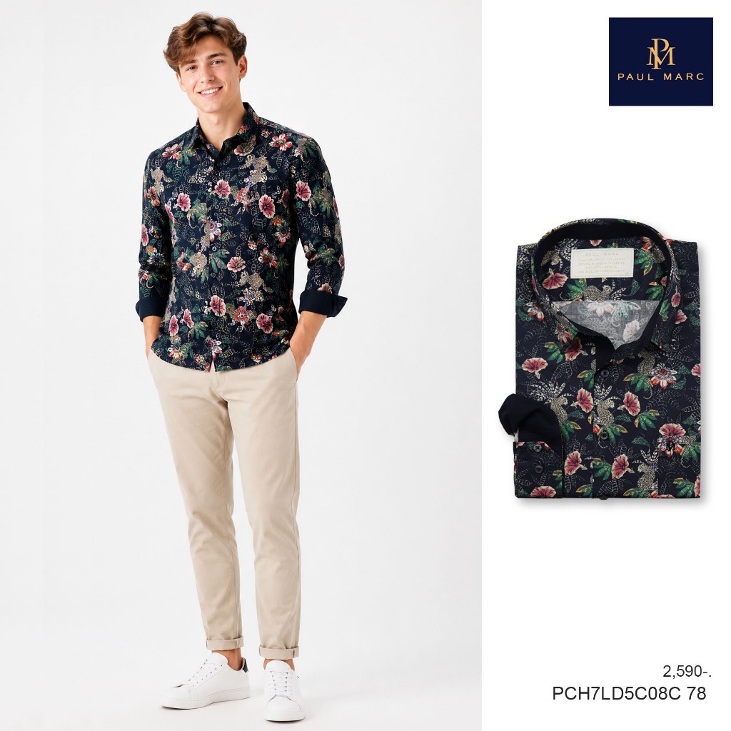 PAUL MARC เสื้อเชิ้ตลายพฤกษา สีกรมท่า signature print slim fit ผ้านุ่มมาก รีดง่าย ยับยาก PCH7LD5C08C