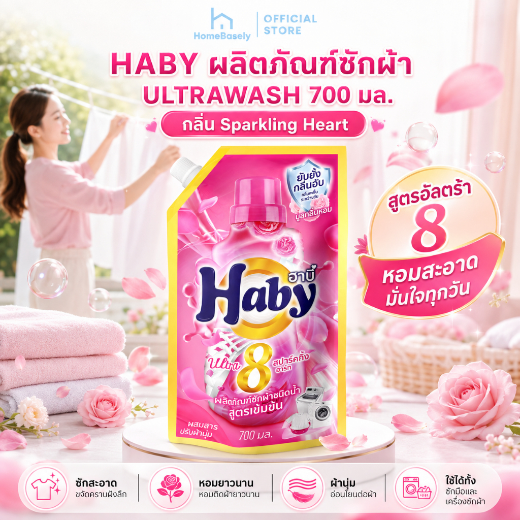 [ 700 มล. ] HABY น้ำยาซักผ้า ULTRAWASH สูตรเข้มข้น กลิ่น Sparkling Heart หอมสะอาด ช่วยลดกลิ่นอับของผ้า