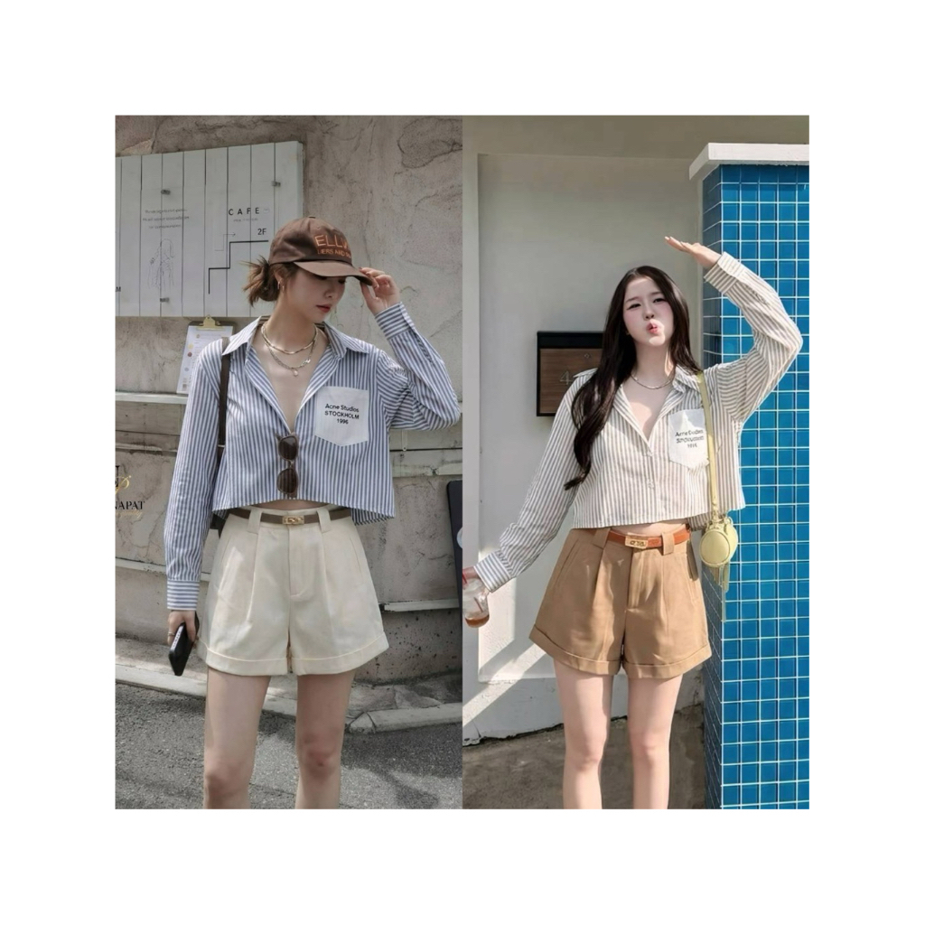 D10 งานป้าย Nannapat Set ชุดเซ็ท 3 ชิ้น เสื้อเชิ้ต กางเกงขาสั้น เข็มขัด สำหรับผู้หญิง เสื้อผ้าแฟชั่นผู้หญิง ไซส์ S-XL