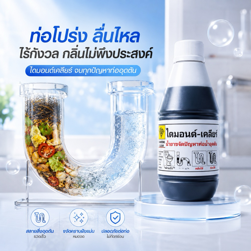 น้ำยาล้างท่อตันเข้มข้น ไม่ทำลายท่อ ไดมอนด์ เคลียร์ ของแท้!!