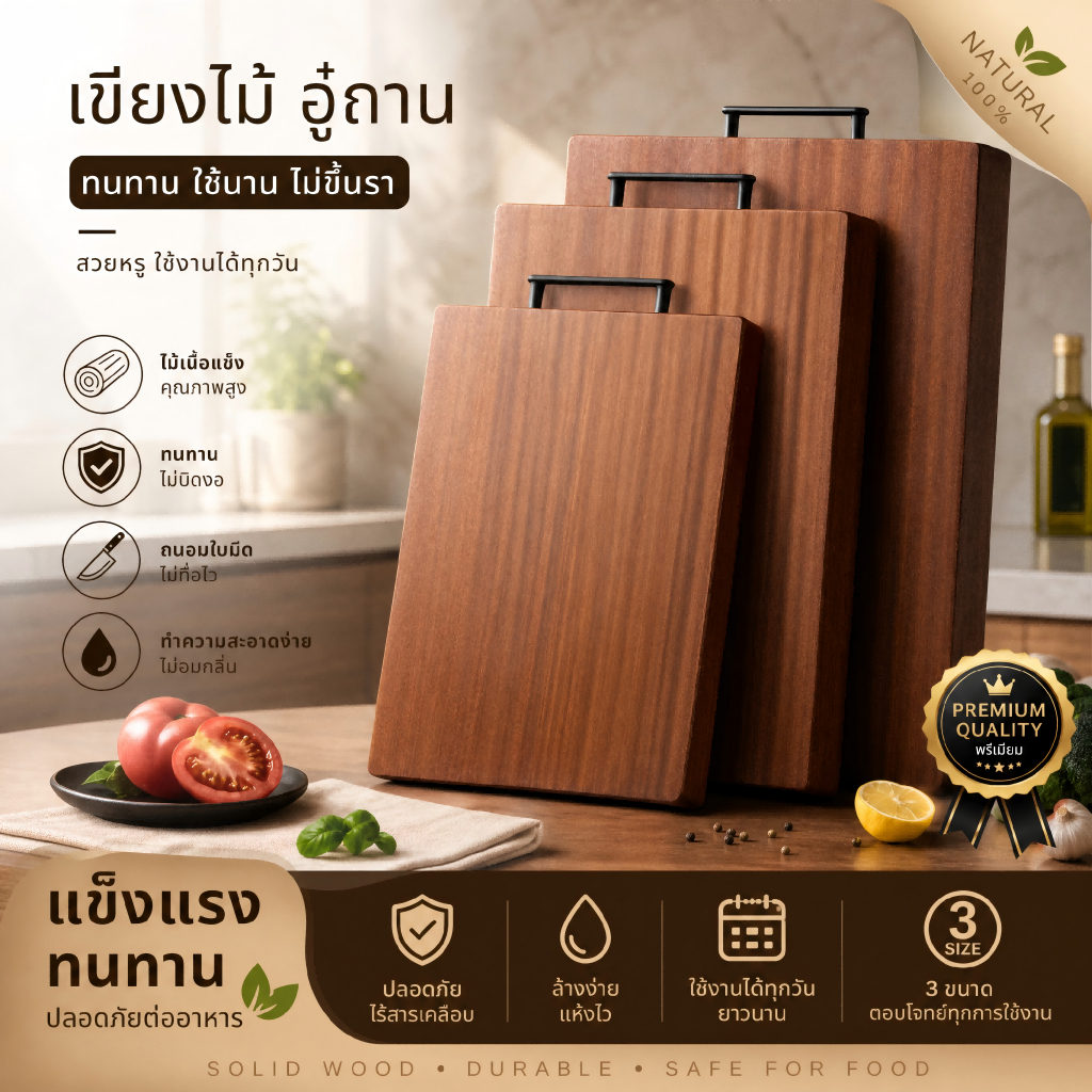 เขียงไม้มะเกลือ Cutting Board ไม้แท้ สีดำทอง กันเชื้อรา ต้านแบคทีเรียสำหรับหั่นผัก ผลไม้ เนื้อ ใช้ในครัว ไม่ติดมีด ทนทาน