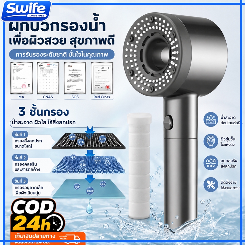PrimeMetalKit ฝักบัวแรงดันสูง ปรับได้ 5 โหมด มีไส้กรองในตัว น้ำแรงและนุ่ม ชุดฝักบัว 4 in 1 มี มอก MA-F-038
