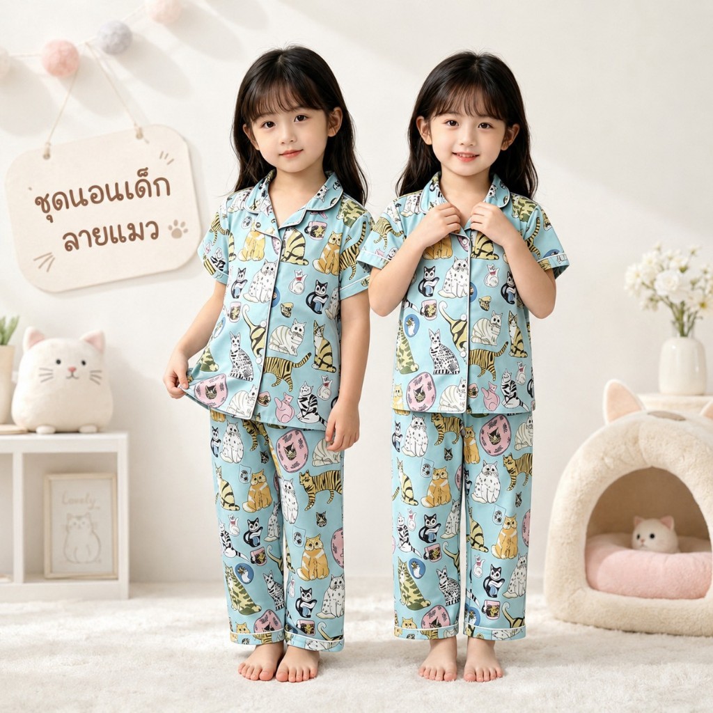 BB365  ชุดนอนเด็กผู้หญิง ลายแมว นุ่มสบาย เสื้อสั้นกางเกงยาว เหมาะอายุ 2-10 ปี