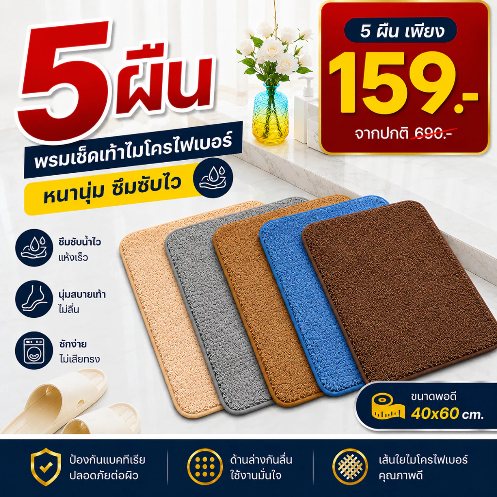 (โปรสุดถูก แพ็ค 5 ชิ้น) พรมเช็ดเท้า พรมห้องน้ํา ซับน้ำได้ดี เท้าเล็ก พรมกันลื่น พรมห้องนอน นุ่มสบายเท้า 40X60cm