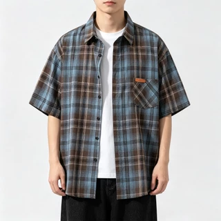 AceMenเสื้อเชิ้ตแขนสั้นลําลอง เสื้อเชิ้ตผู้ชาย ลายสก๊อต ทรงหลวม แฟชั่นฤดูร้อน พร้อมส่ง