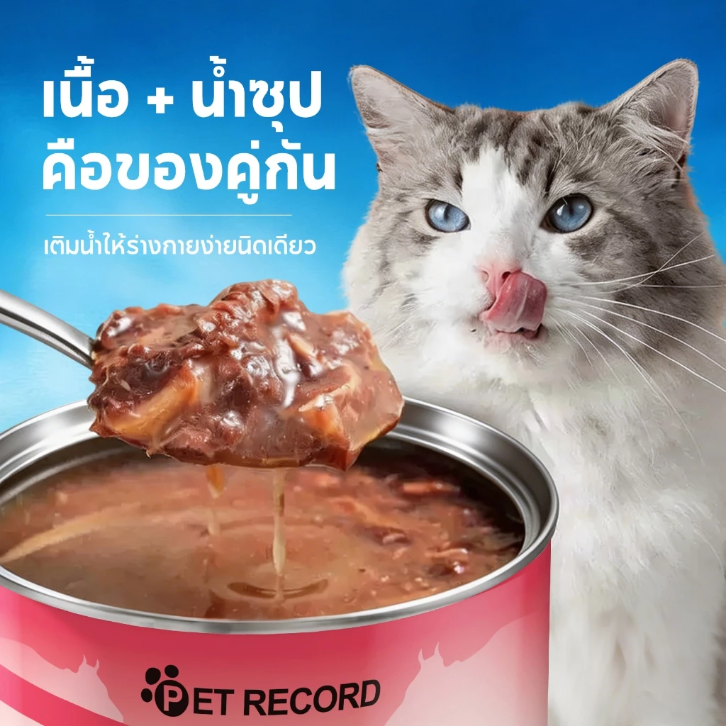 สินค้าใหม่ กระป๋องทูน่าเนื้อแดงแมว PET RECORD 430g 3รส โปรตีน≥30% น้ำซุปช่วยดื่มน้ำ โอเมก้า3 บำรุงขน แมวทุกวัย thumbnail 7