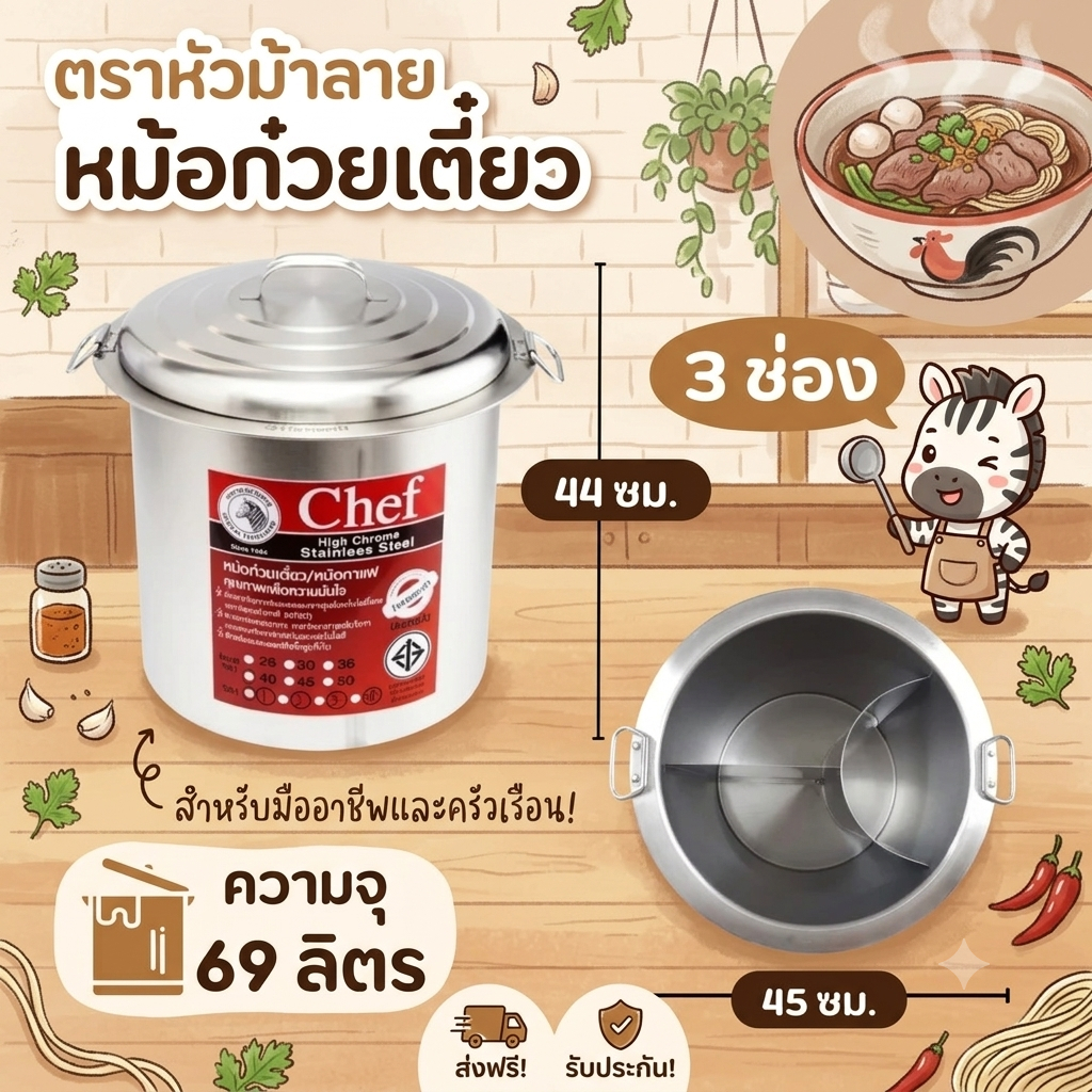 ตราหัวม้าลาย หม้อก๋วยเตี๋ยว รุ่น chef ขนาด 45 ซม. x 3 ช่องโค้ง