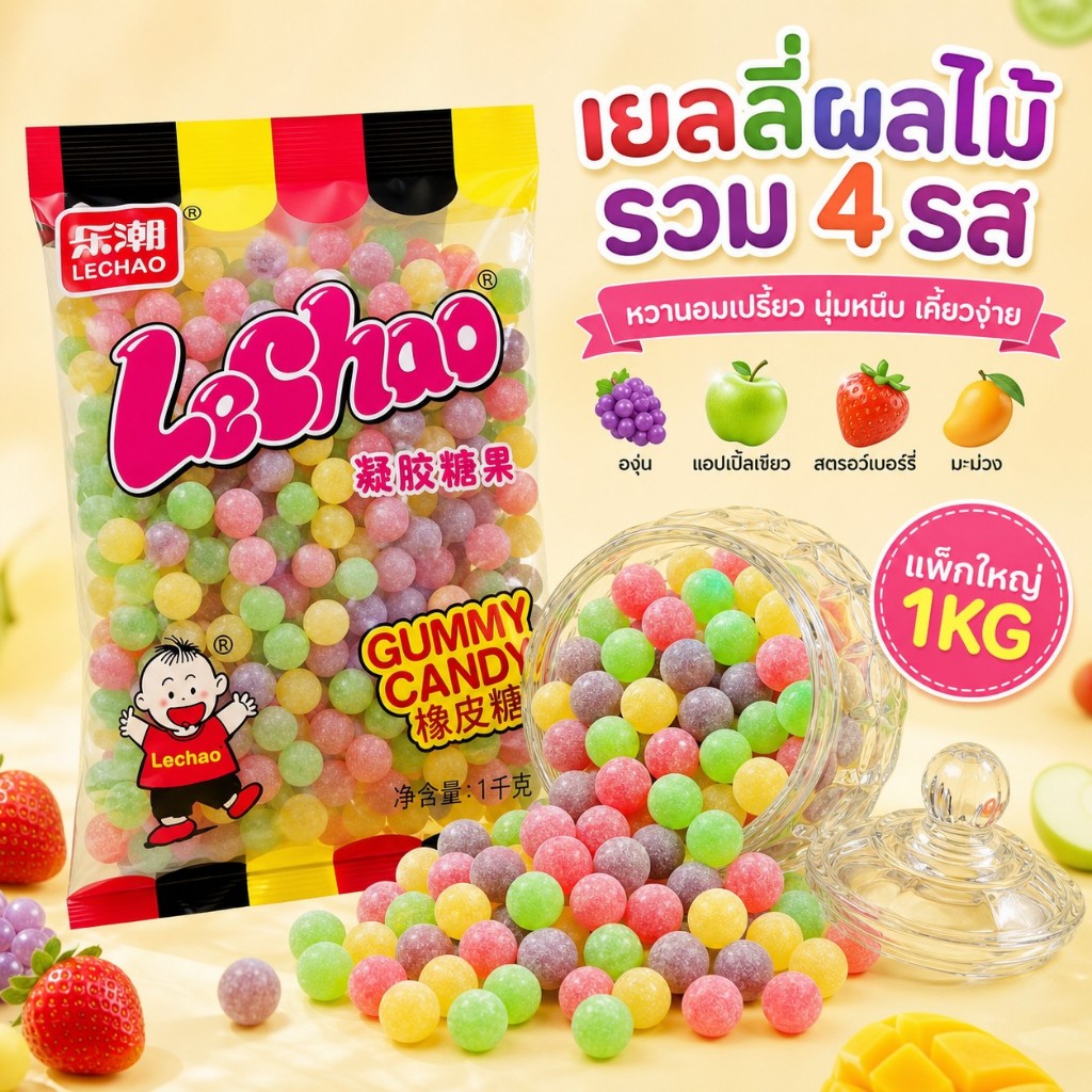 เยลลี่ผลไม้รวม Lechao 1กิโล | ขนมเจลลี่หนึบหนับ รสเปรี้ยวหวา