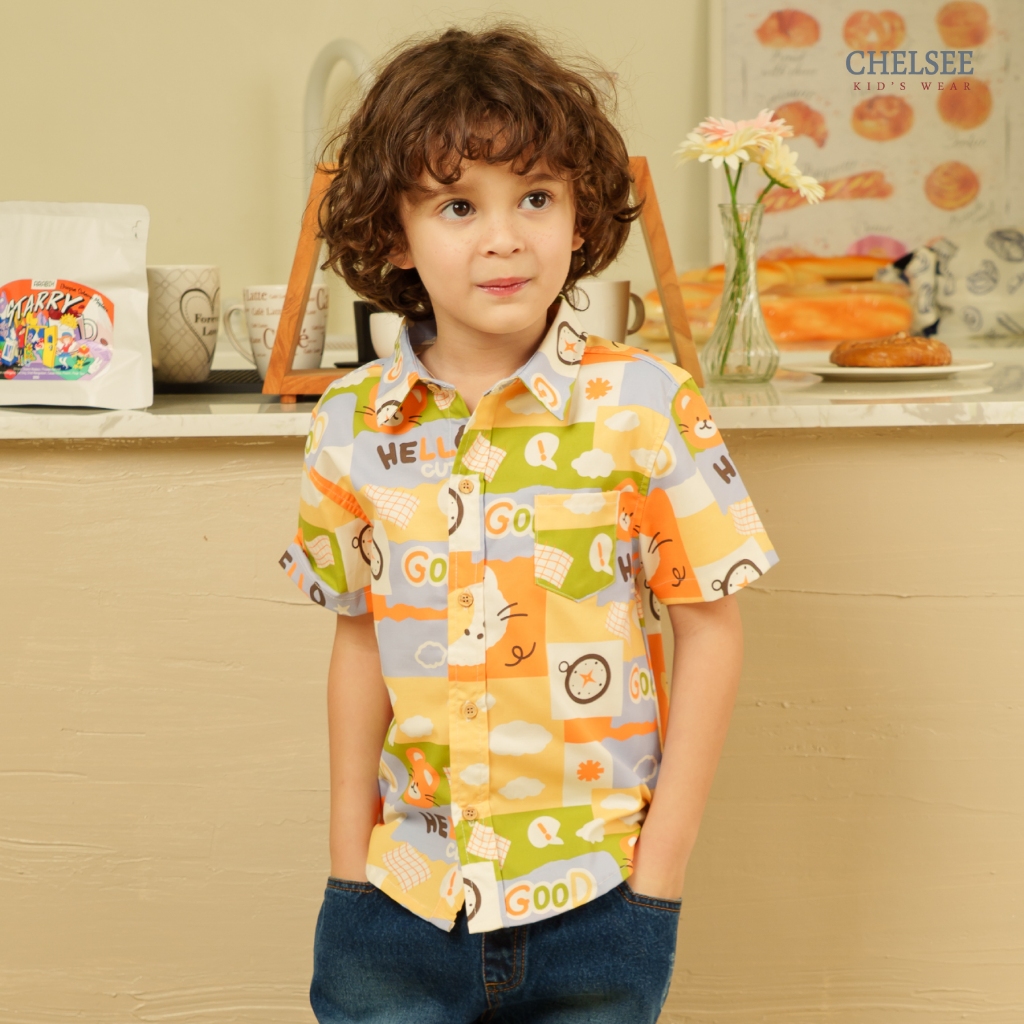 Chelsee เสื้อเชิ้ต แขนสั้น พิมพ์ลายทั้งตัว น่ารัก 100%Cotton เด็กผู้ชาย อายุ 1.5-10 ปี เสื้อผ้าเด็กโต รุ่น 128293