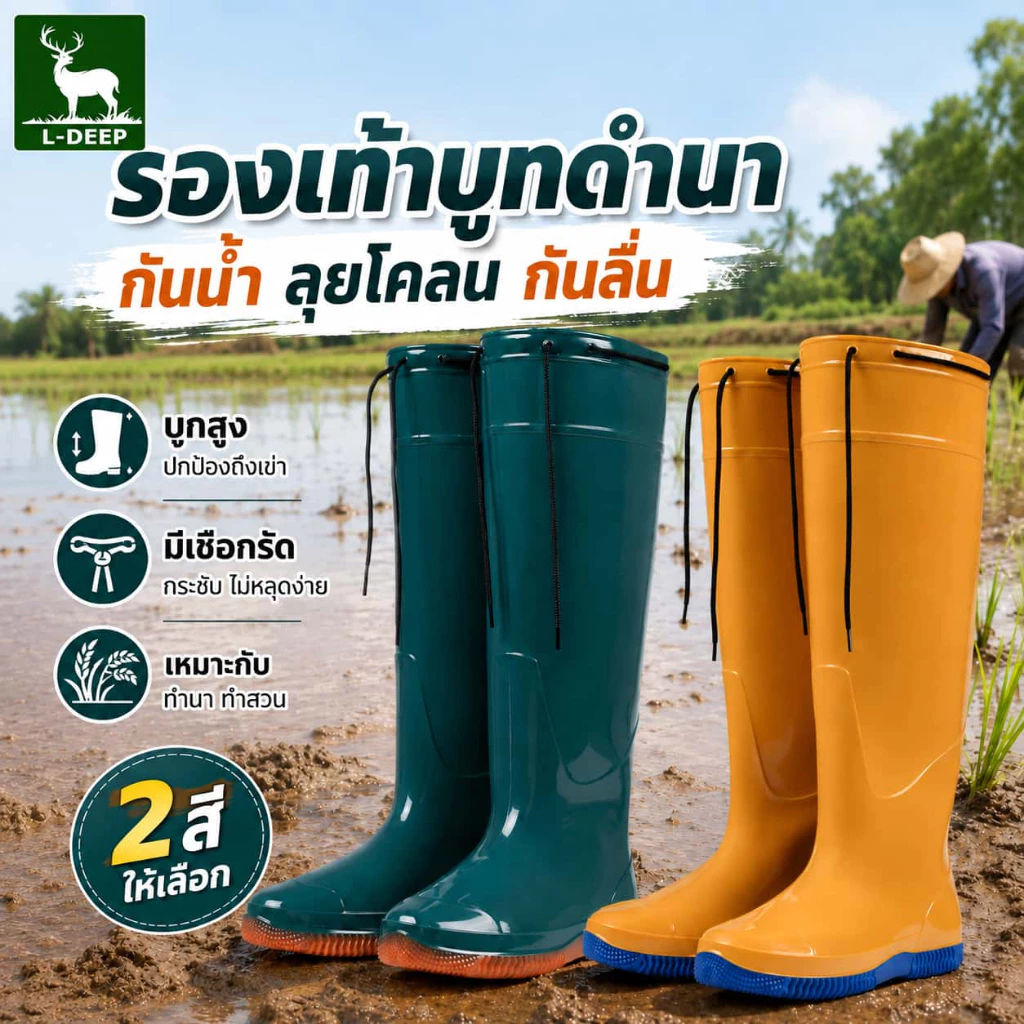 L-DEEP รองเท้าบูททำนา บูทยาวกันน้ำ พื้นกันลื่น มีเชือกรัดกระชับ ลุยโคลน ทำสวน ทำไร่ งานเกษตร มี 2 สี
