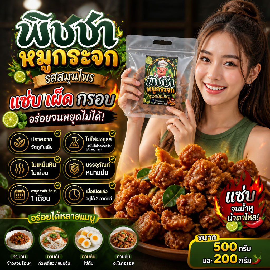 แคปหมูกระจก (พิชชา) น้ำพริกแคปกระจก ขนาด 200 กรัม แซ่บซี๊ด สด ใหม่
