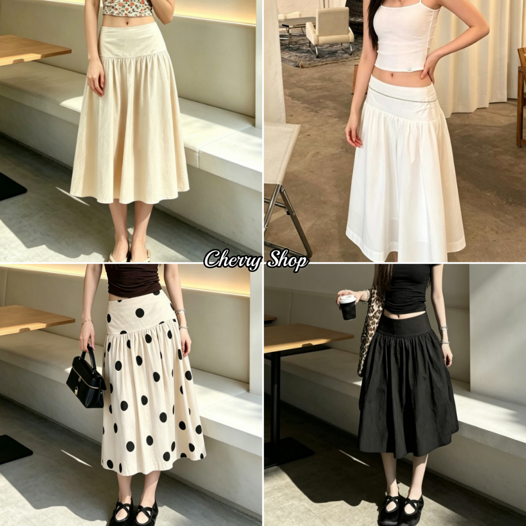 cherryshop พร้อมส่ง กระโปรง กระโปรงทรงเอครึ่งตัว ดีไซน์เอวสูงแฟชั่น ลายจุดและสีพื้น เหมาะสำหรับใส่ไปทำงานหรือท่องเที่ยว
