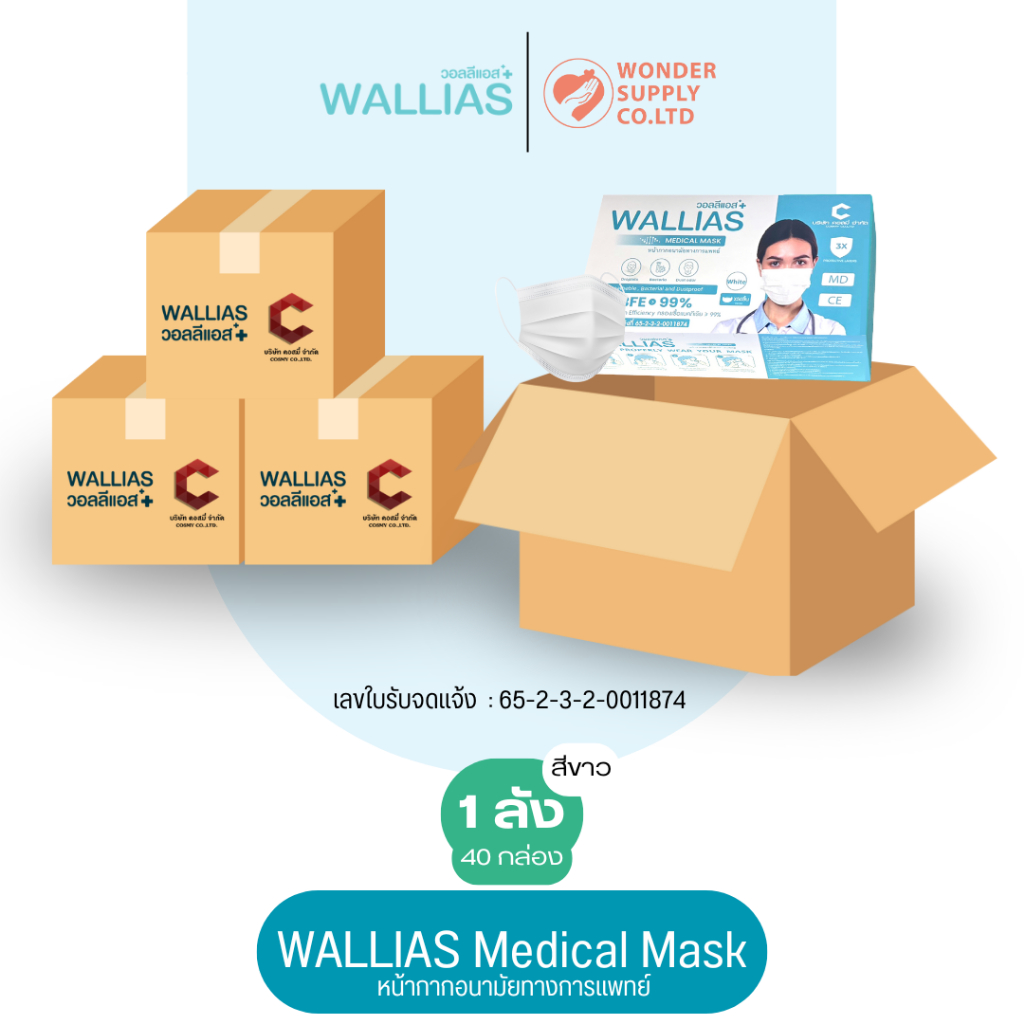 (ยกลัง) หน้ากากอนามัยทางการแพทย์ Wallias หนา 3ชั้น 1 ลัง มี 40 กล่อง