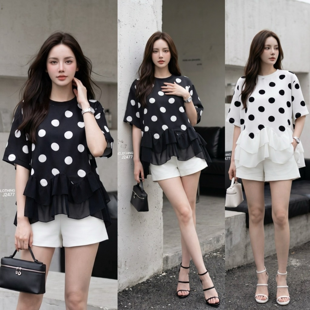 J2477 JiraClothing เสื้อแขนสั้นทรงหลวม พิมพ์ลายจุด Polka Dot