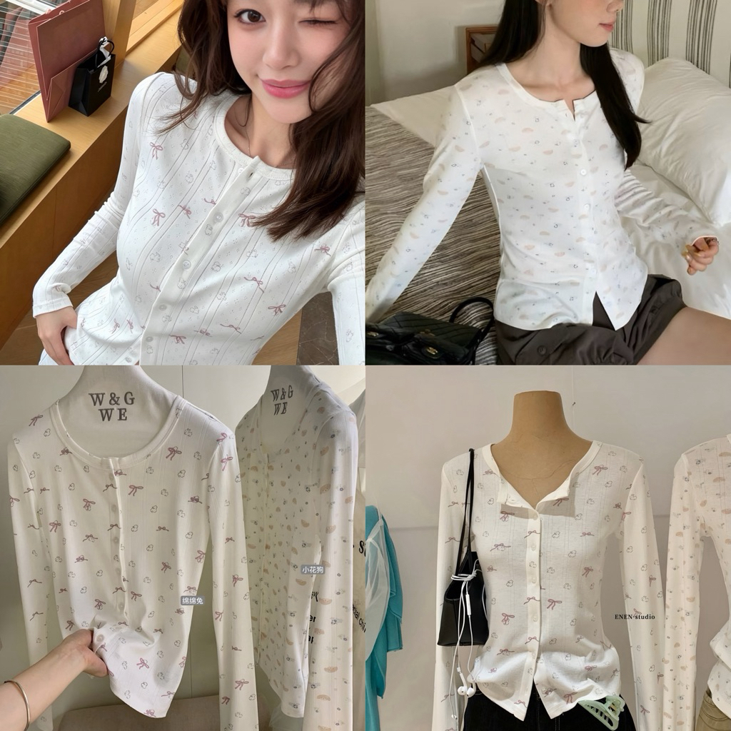 📍พร้อมส่ง📍10712# เสื้อแขนยาว คอกลม งานกระดุมหน้า เนื้อผ้าดี ลายสวย  TAG:WG.WE