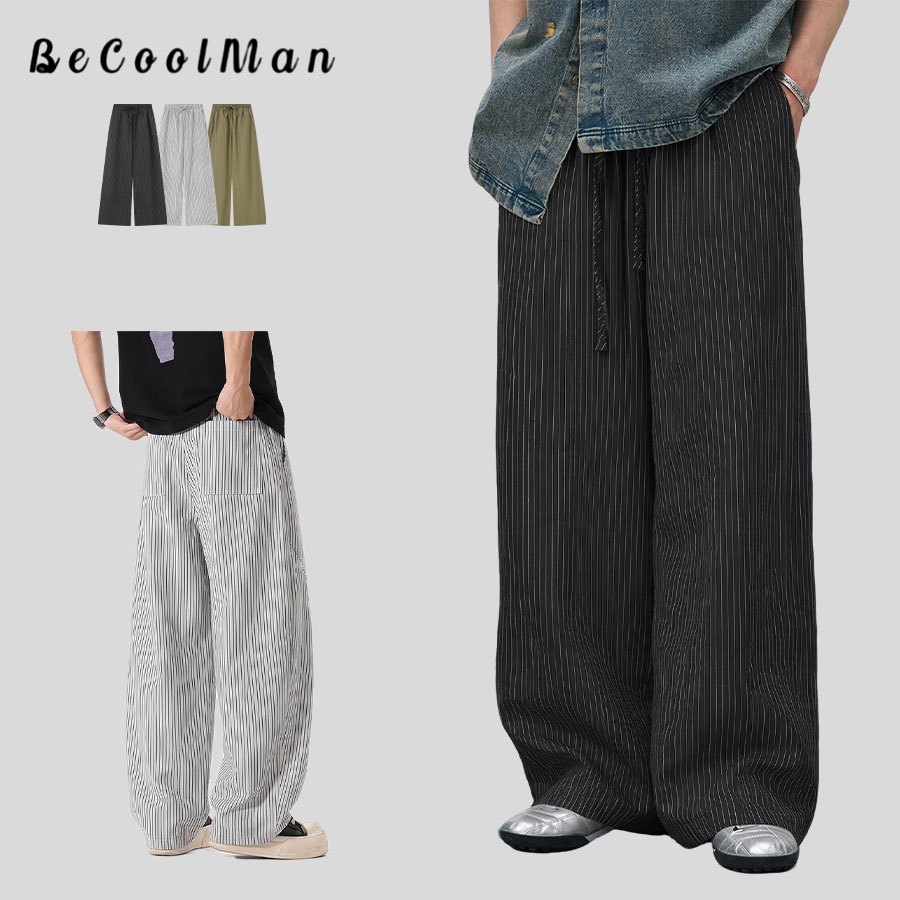 BecoolMan กางเกงขายาวผู้ชาย ลายริ้ว กางเกงสเลคผู้ชาย ขากว้าง ความสะดวกสบาย เอวยางยืด ผ้าเนื้อบางเบา ระบายอากาศได้ดี
