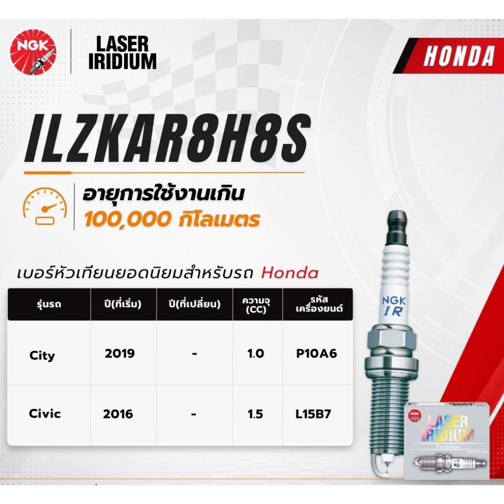 NGK หัวเทียนรถยนต์ Honda Civic FC/FK  1.5  / City 1.0  เกรดLASER IRIDIUM (ILZKAR8H8S) อ่านรายละเอียด