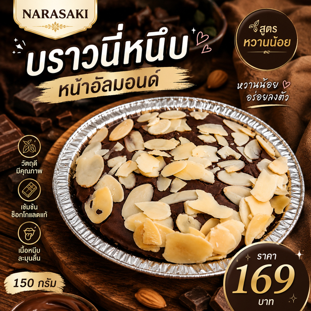 บราวนี่หนึบหน้าอัลมอนด์ สูตรหวานน้อย/Chewy 150 กรัม NARASAKI ราคา 169 บาท