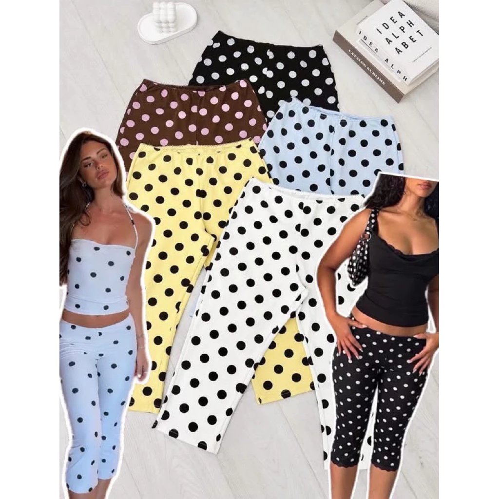 งานนำเข้า❤️ ❤️Polka Dot Capri Pants กางเกงคาปรีลายจุดเข้ารูปแต่งขอบเอวลูกไม้ ผ้ายืดเนื้อยืดเด้ง