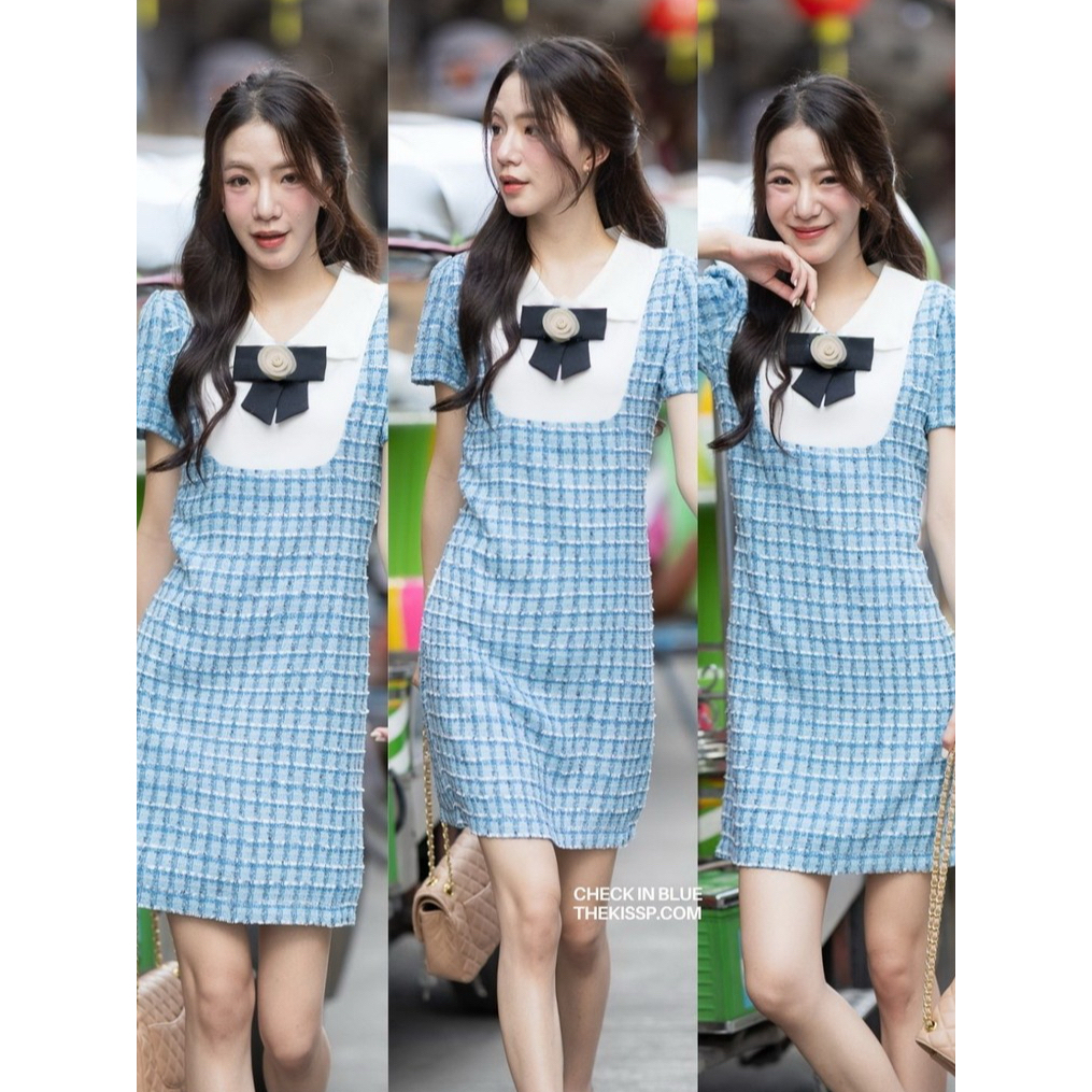 รอบส่ง 9/8/2026 CHECK IN BLUE 'dress (+FREE เข็มกลัดโบกุหลาบผ้าออเเกนซ่าขาวถอดออกจากชุดได้)