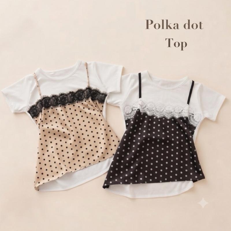 Polkadot Layer เสื้อคอกลมสไตล์เกาหลี แต่งสายเดี่ยวลูกไม้ ลายจุด (มี2ไซส์)  JA06