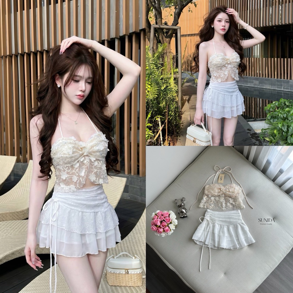 โปรดทักแชตสอบถามสต็อกก่อนสั่ง เซตเสื้อผูกคอสีครีมดอกไม้วิ้งๆๆ 3D SD