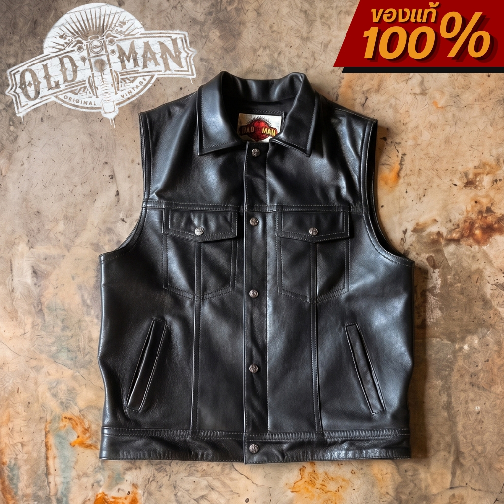 เสื้อกั๊กขับมอเตอร์ไซค์ เสื้อกั๊กหนังแท้ รุ่น Oldman Vest 404 สีดำ หนังแกะแท้ แบรนด์ Oldman แท้100%