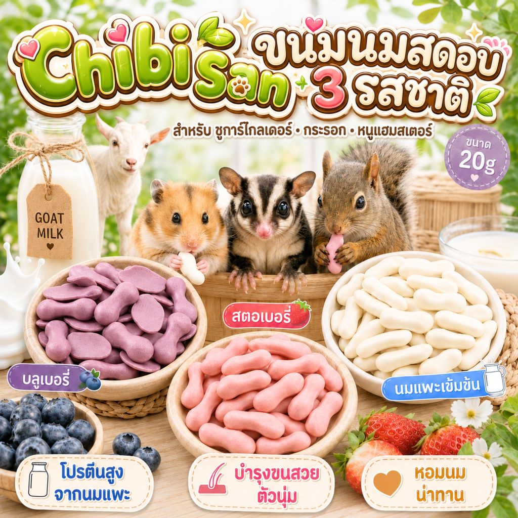 Chibi San ขนมนมสดอบ 3 รส ขนมชูการ์ไกลเดอร์ แฮมสเตอร์ กระรอก 20g