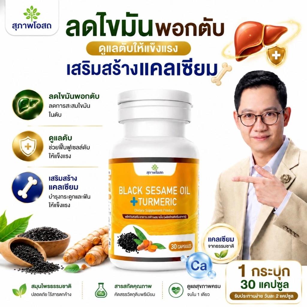 น้ำมันงาดำผสมขมิ้นชัน สุภาพโอสถ(1 กระปุก 30 แคปซูล)กรดไหลย้อน ดูแลตับ ส่งตรงจากบริษััท