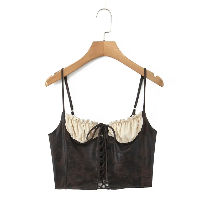 Molly Lady เสื้อสายเดี่ยวหนังดีไซน์ผูกหน้าสีน้ำตาลเข้ม Urban Western Top