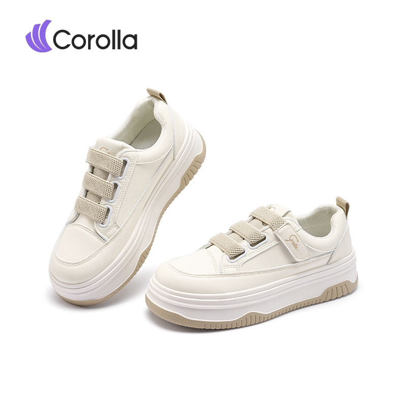 Corolla Velcro Three รองเท้าผ้าใบผู้หญิง พื้นหนา กันลื่น รองเท้าทรงลำลองไร้เชือก เสริมส้น สีขาว ผ้าใบแบบสวม