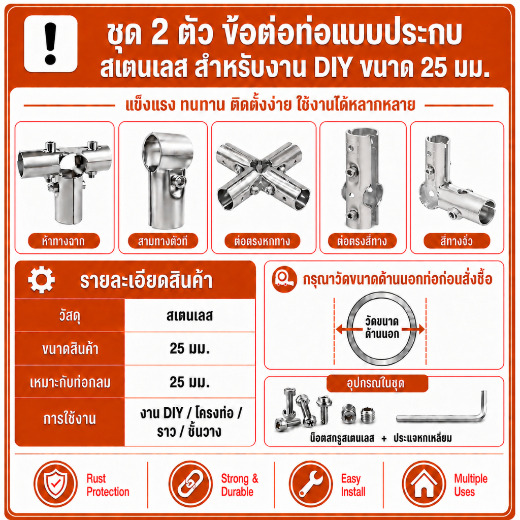 ชุด 2 ตัว ข้อต่อท่อแบบประกบ สเตนเลส สำหรับงาน DIY ขนาด 25 มม. Galvanized steel pipe joint For DIY Work, Size 25 mm