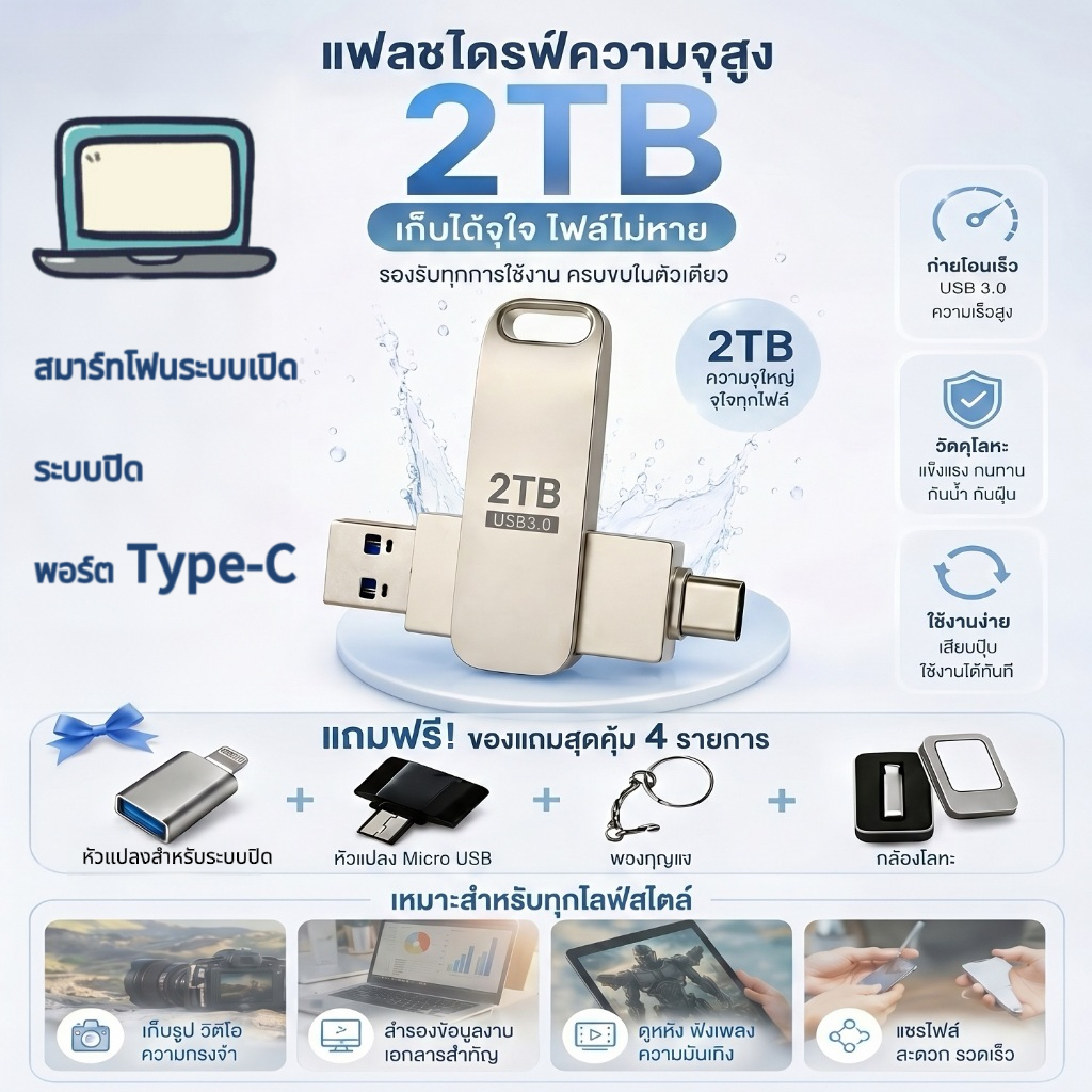 U Disk 2TB USB 3.0 ความเร็วสูง Type-C OTG สำหรับมือถือ แท็บเล็ต และคอมพิวเตอร์ เก็บข้อมูลได้มากกว่าเดิม