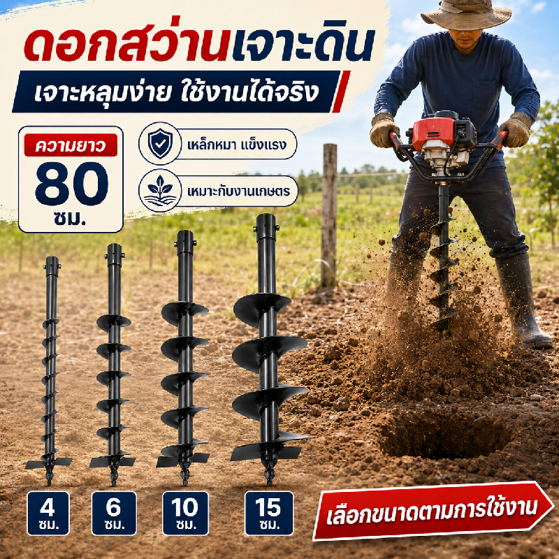สำหรับปลูกต้นไม้และทำรั้ว ดอกเครื่องเจาะดินยาว 0.8 เมตร เกลียวเหล็กหนา เจาะหลุมเร็ว หน้ากว้าง 4, 6, 10 และ 15 ซม.