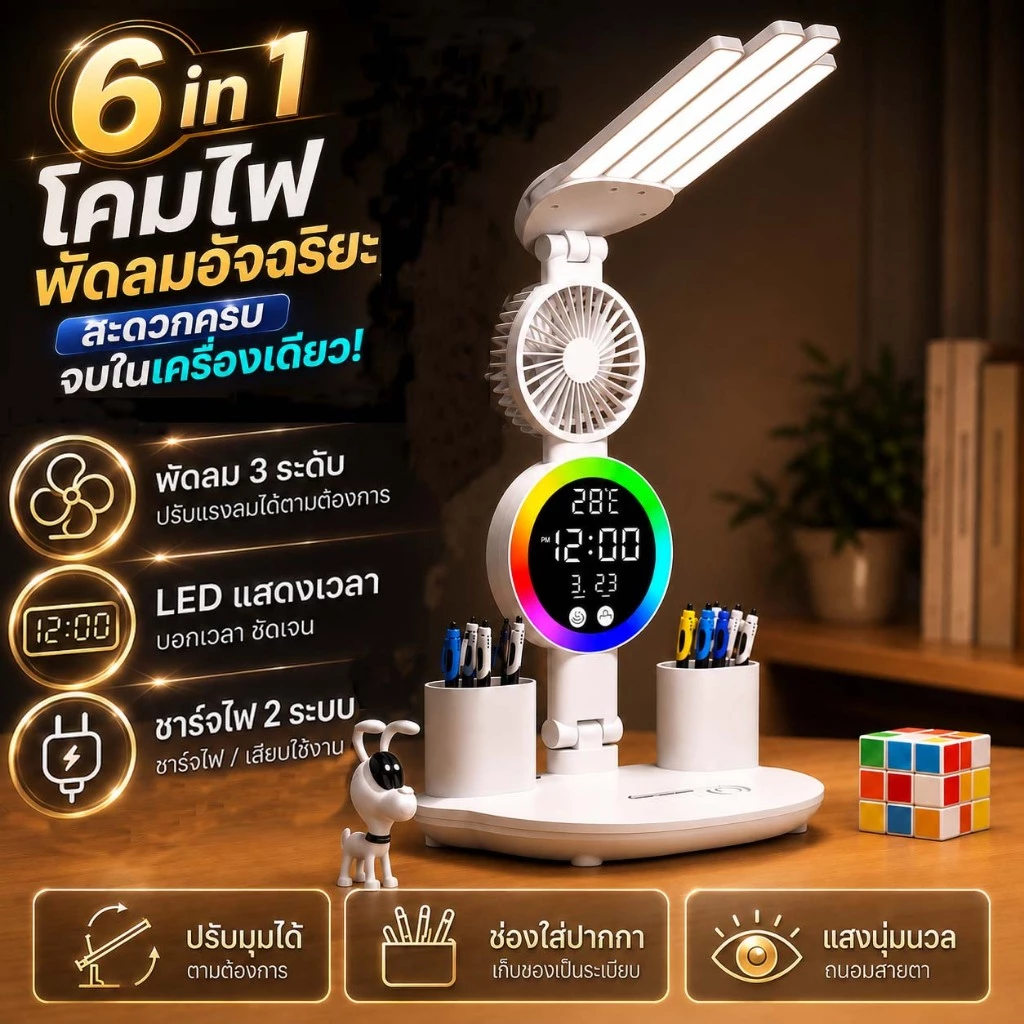 THAI โคมไฟตั้งโต๊ะ พัดลมตั้งโต๊ะ มีที่ใส่ปากกา ระบบสัมผัส ถนอมสายตา ปรับได้ 3 ระดับ สำหรับอ่านหนังสือ พร้อมส่ง