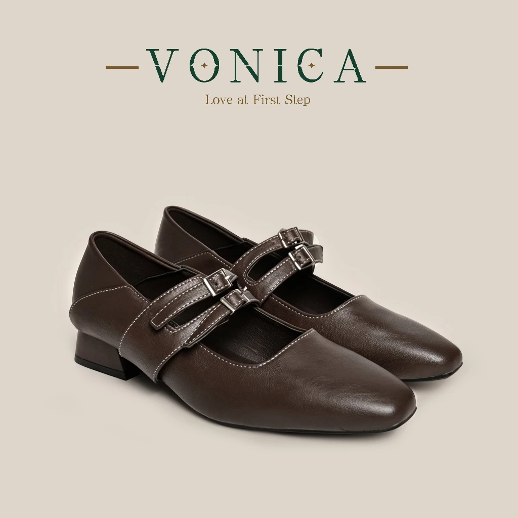 VONICA รองเท้าแมรี่เจนสไตล์วินเทจ หัวเหลี่ยมสายคู่ ส้น 1 นิ้ว หนังนิ่ม ใส่ประจำวัน