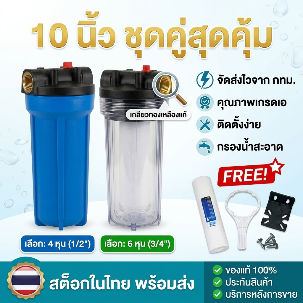 เครื่องกรองน้ำใช้ เครื่องกรองน้ำ 10 นิ้ว 2หุน 4 หุน 6 หุน แถมไส้กรอง PP 1ชิ้น พร้อมชุดติดตั้ง
