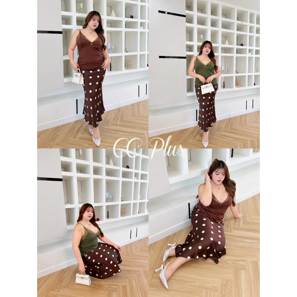 CiCi Plus+(J2772) เสื้อสายเดี่ยวพลัสไซส์แต่งลูกไม้ คอวีเว้าหน้า สายปรับได้ ผ้ายืดใส่สบาย เสื้อสายเดี่ยวแฟชั่นผู้หญิง
