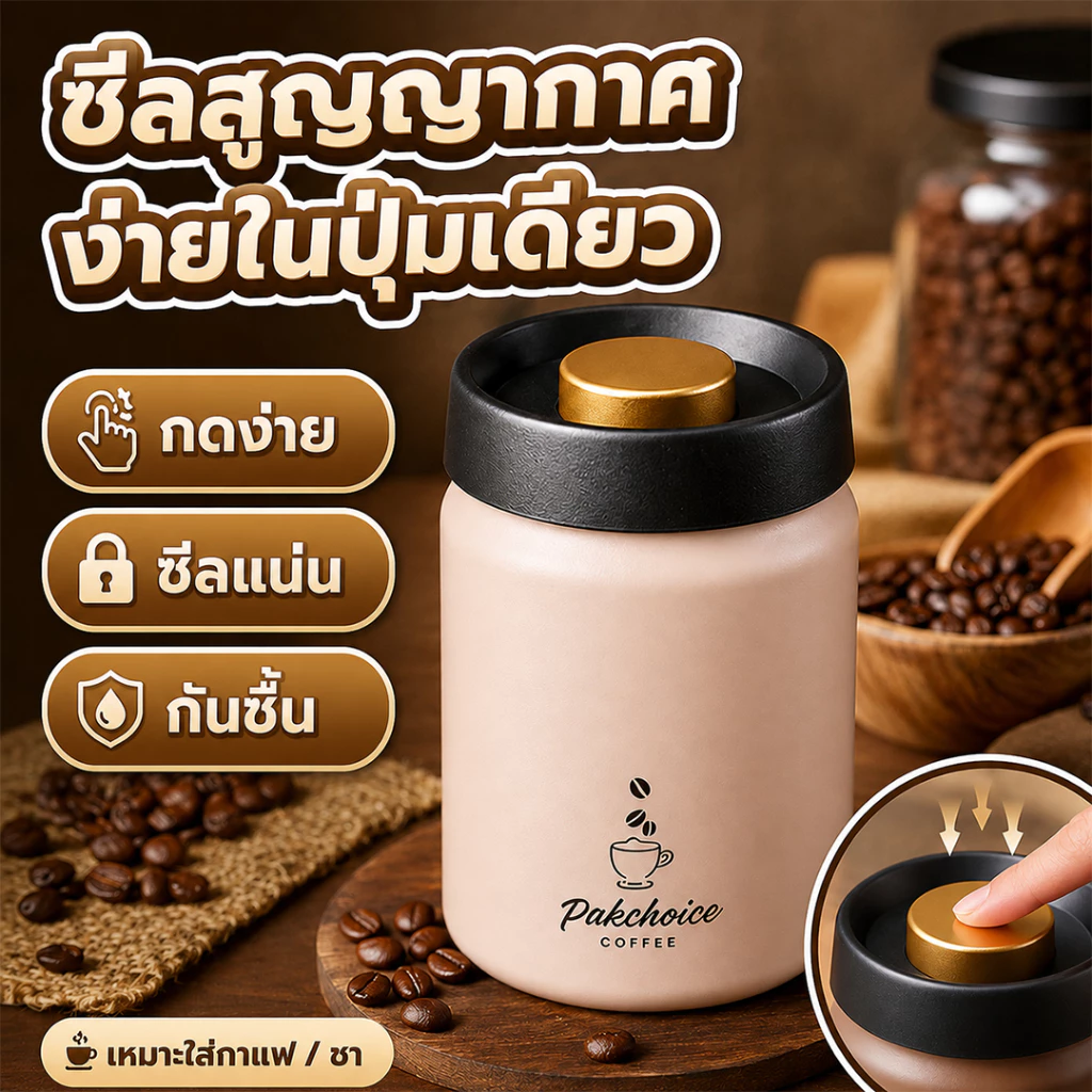 กระปุกเก็บเมล็ดกาแฟสูญญากาศ สแตนเลส 316 ซีลสูญญากาศด้วยปุ่มเดียว กันความชื้น เก็บชา เมล็ดกาแฟ ธัญพืช 500/900/1200ml