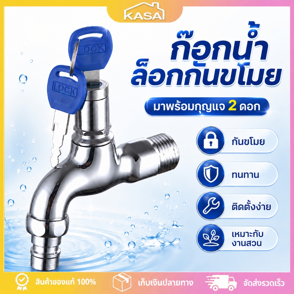 ก๊อกสนาม 4 หุน พร้อมกุญแจ 2ล็อคได้ กันขโมย ก๊อกน้ำ ก๊อกเครื่องซักผ้า สำหรับต่อสายเครื่องซักผ้า ใช้ในบ้าน สวน และซักล้าง