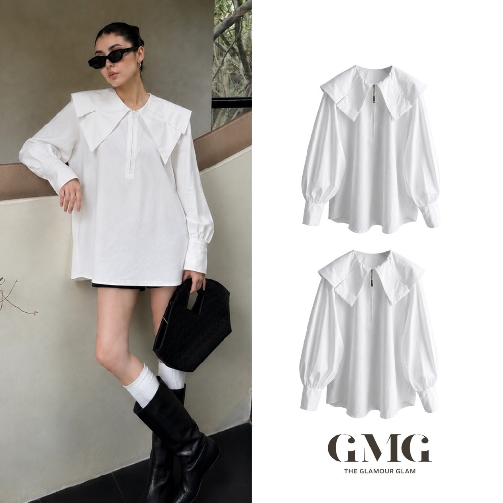 เสื้อ Oversize ผ้าคอตตอนสีขาว ดีไซน์คอปกโบว์ใหญ่ แขนยาวทรงพอง เนื้อนุ่มใส่สบาย ทรงมินิมอลน่ารัก แมตช์ง่าย (GMG- Eva)