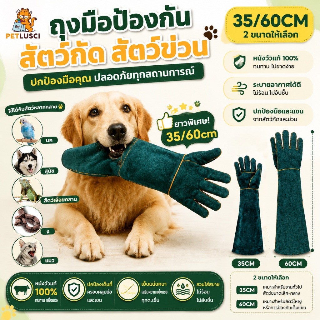 PETLUSCI® ถุงมือกันกัด 35/60cm ถุงมือฝึกสุนัข ถุงมือจับแมว งกันการฉีกขาดและกัด ทำจากหนังวัวแท้