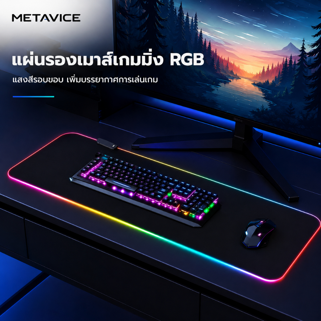 Metavice แผ่นรองเมาส์ LED RGB ขนาดใหญ่ 90cm สำหรับเล่นเกม ผิวหน้าไม่ลื่น ทนการขีดข่วน เปลี่ยนสีสวยงาม ME011