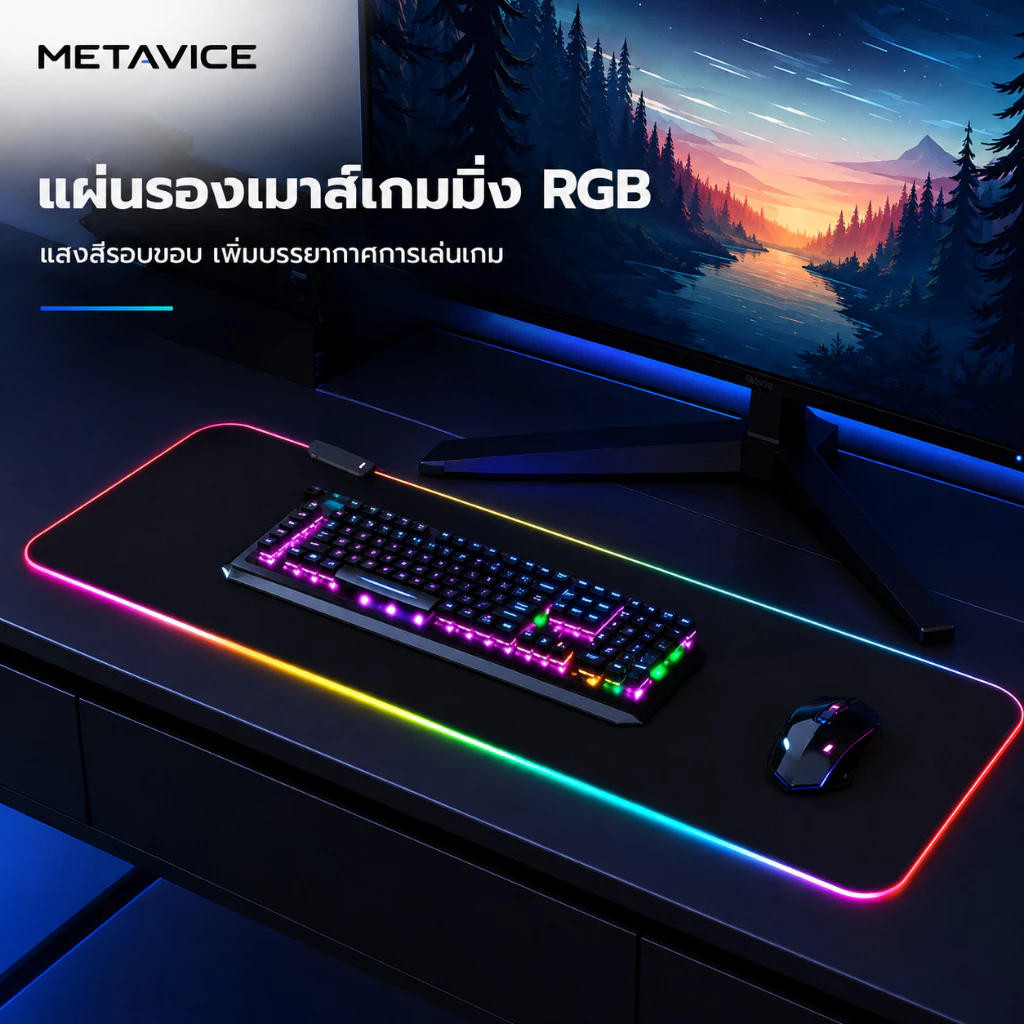 Metavice แผ่นรองเมาส์ LED RGB ขนาดใหญ่ 90cm | สำหรับเล่นเกม | ผิวหน้าไม่ลื่น ทนการขีดข่วน | เปลี่ยนสีสวยงาม ME011
